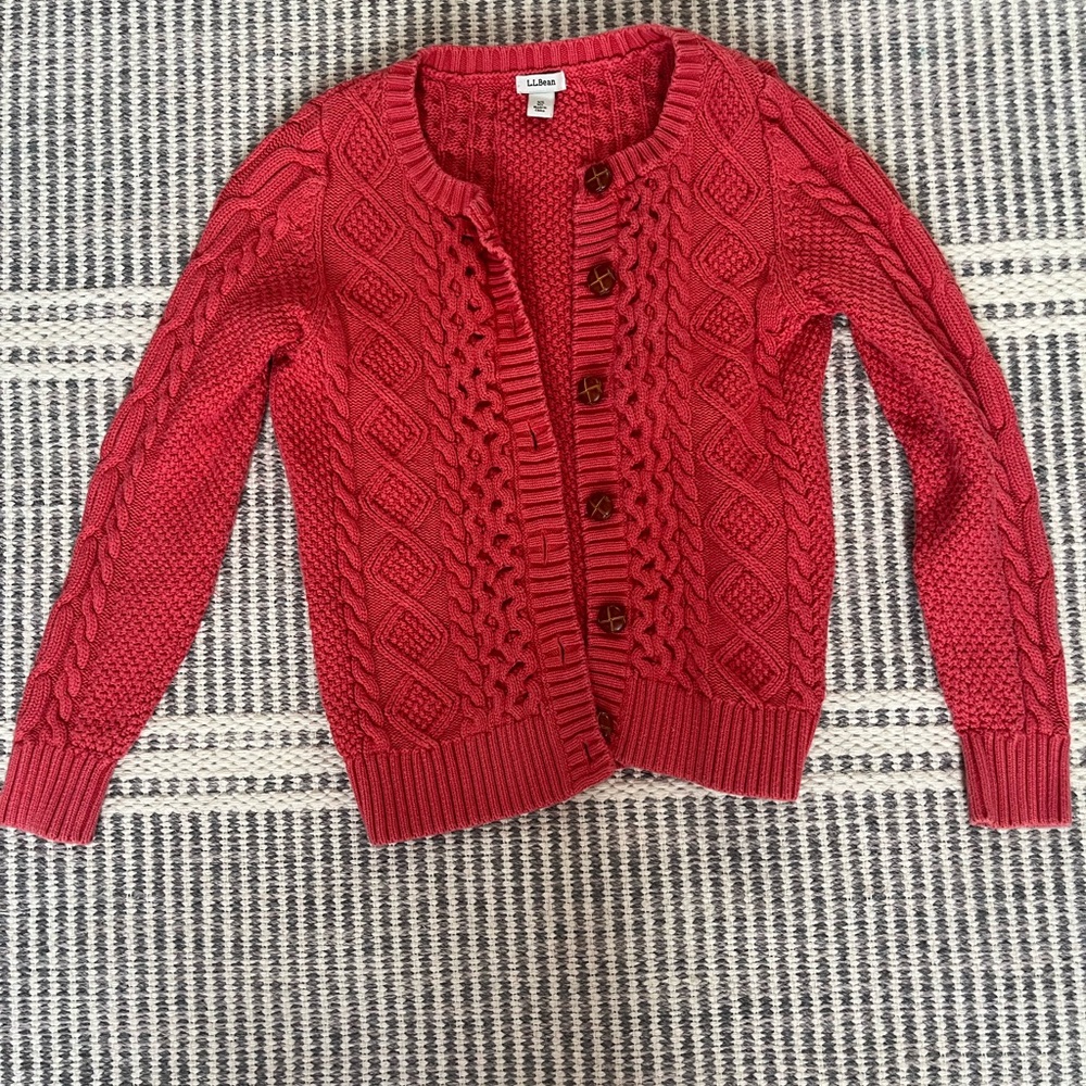 LL BEAN CORAL CABLE KNIT CARDIGAIN BROWN BUTTONS CABIN CORE